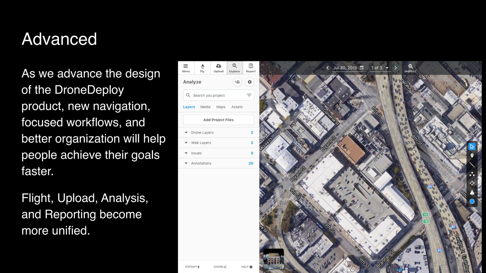 DroneDeploy advanced navigation direction showing workflow-based geospatial interface direction