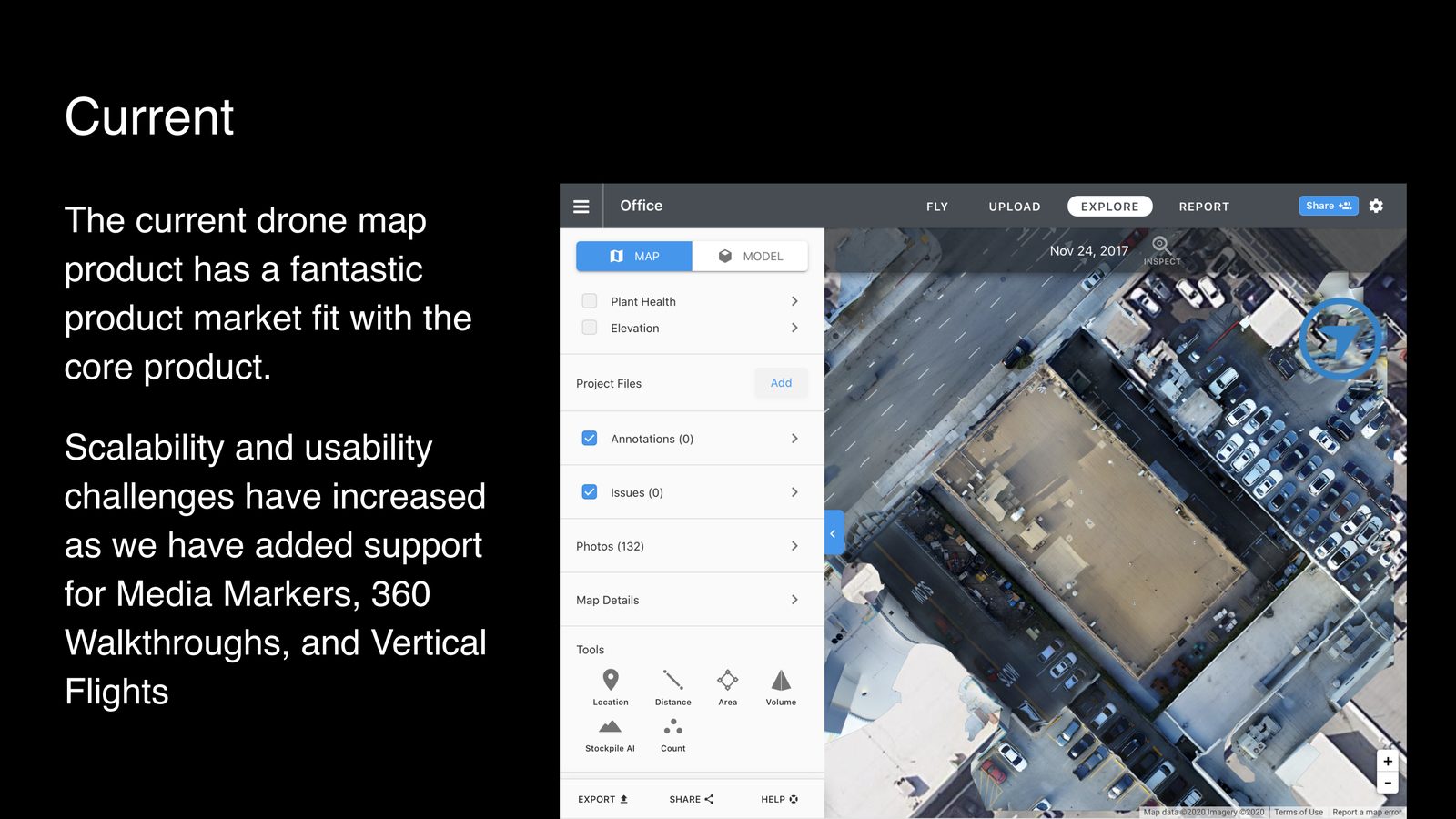 DroneDeploy current product constraints slide showing map UI and product navigation issues