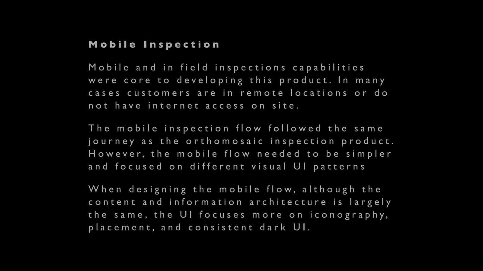 DroneDeploy mobile inspection slide describing darker icon-driven mobile UI for field inspection
