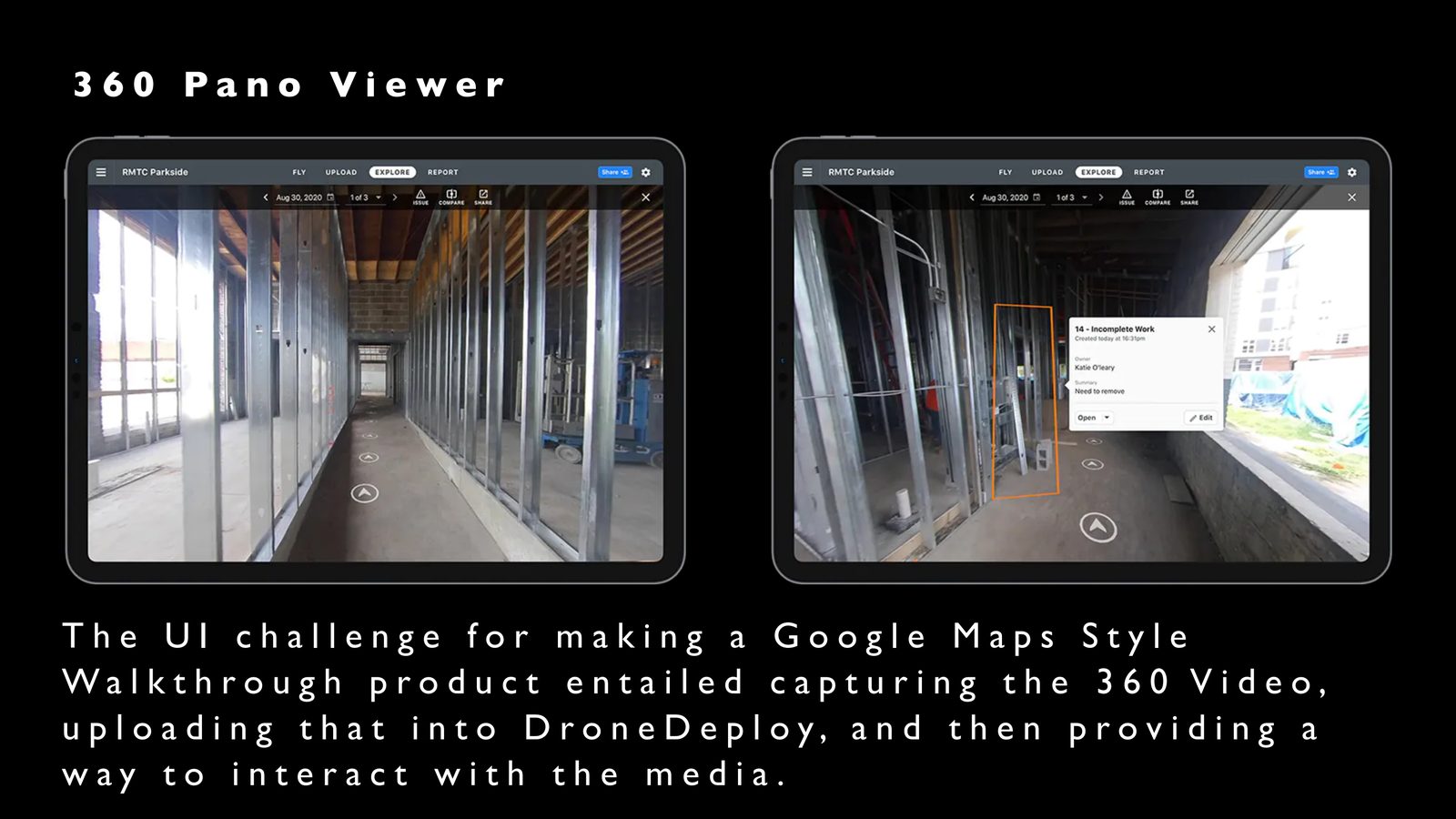 DroneDeploy 360 pano viewer slide showing Google Maps style walkthrough interface explorations