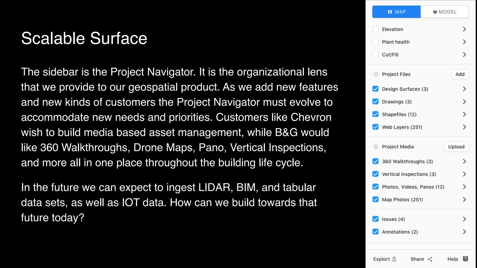 DroneDeploy scalable surface concept showing the Project Navigator sidebar and geospatial product taxonomy