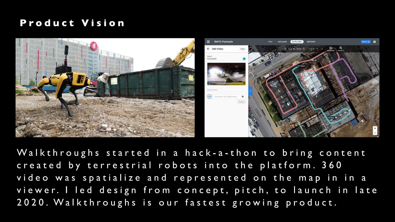 DroneDeploy 360 Walkthroughs product vision slide with path capture and site review examples