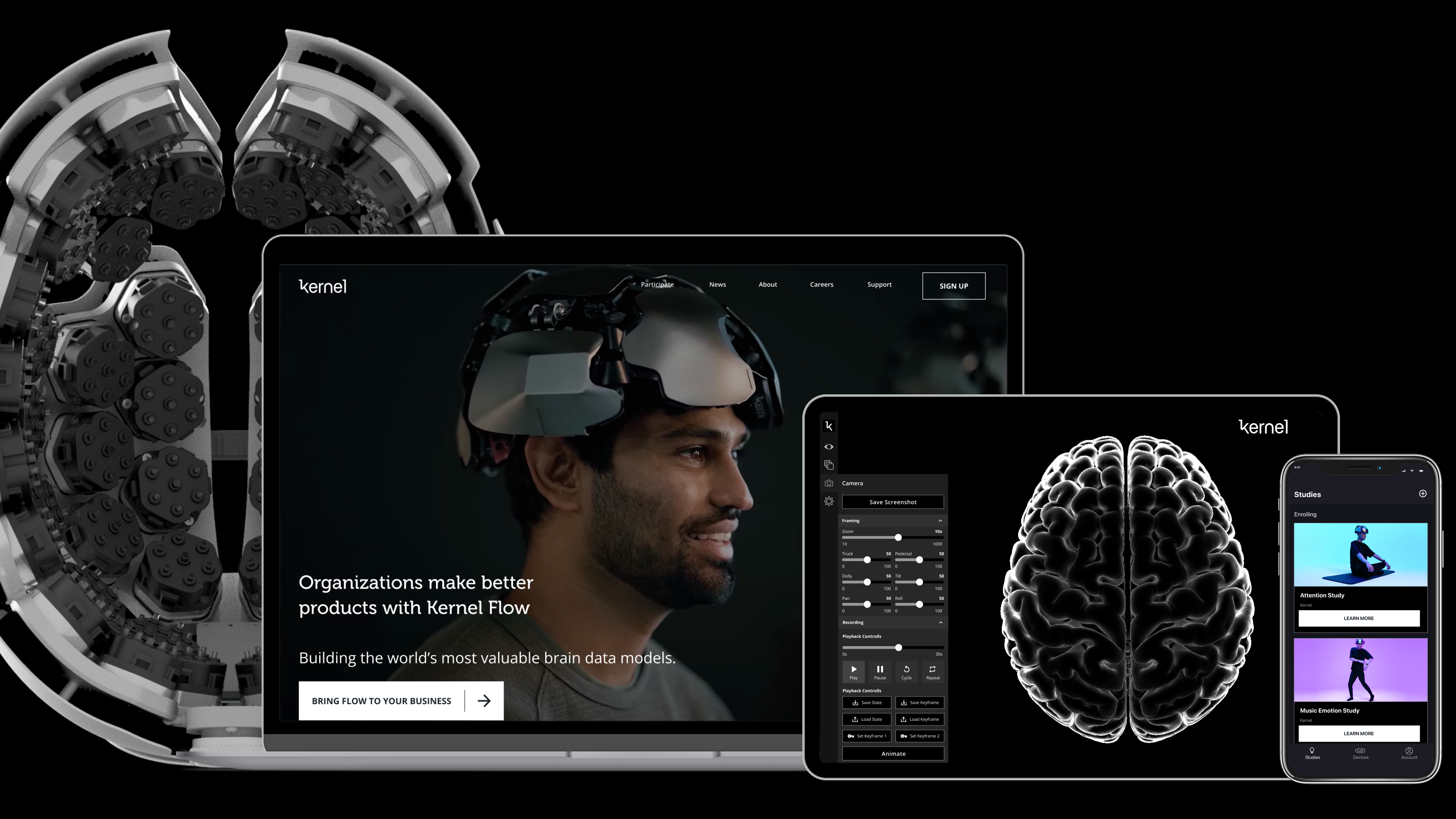 Kernel product ecosystem hero with neuroimaging headset, researcher interface, and brain visualization screens