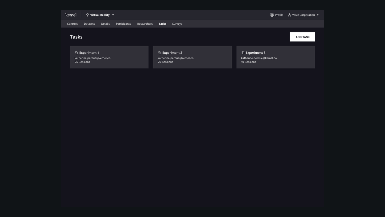 Kernel neural task interface showing task setup and experiment screens