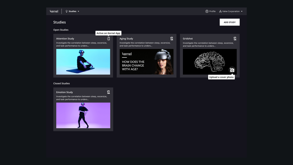 Kernel researcher portal showing participant sessions and study management screens