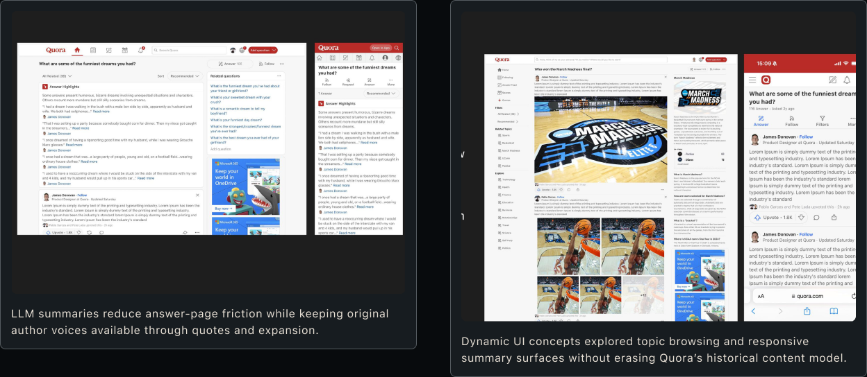 AI content surfaces gallery with LLM summaries and dynamic UI examples