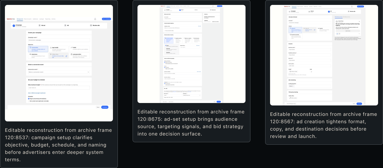 Campaign creation system screens from Quora Ads Manager
