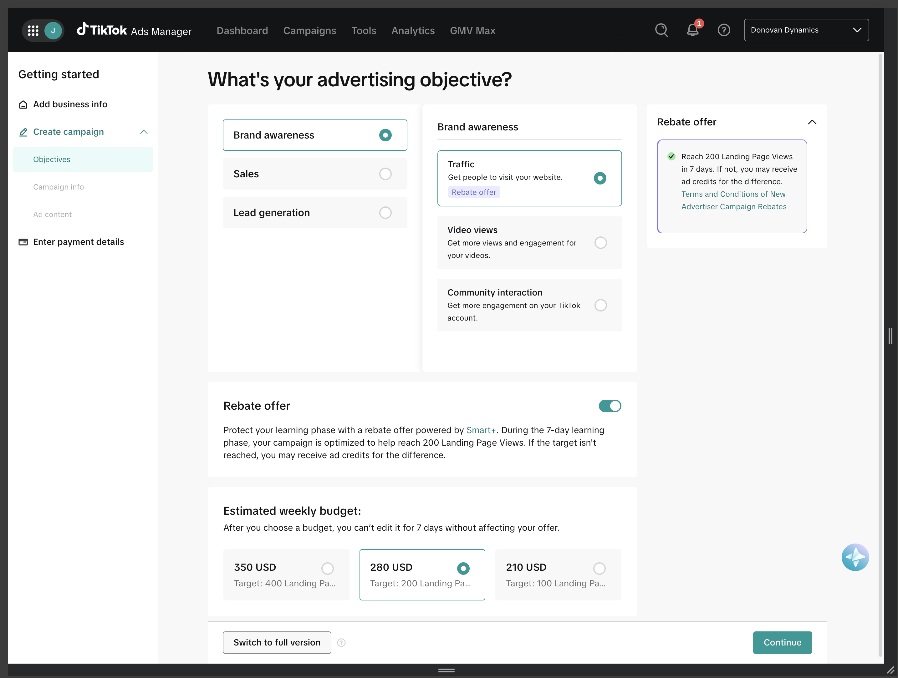 TikTok Ads Manager objective selection screen with rebate offer guidance and budget cards
